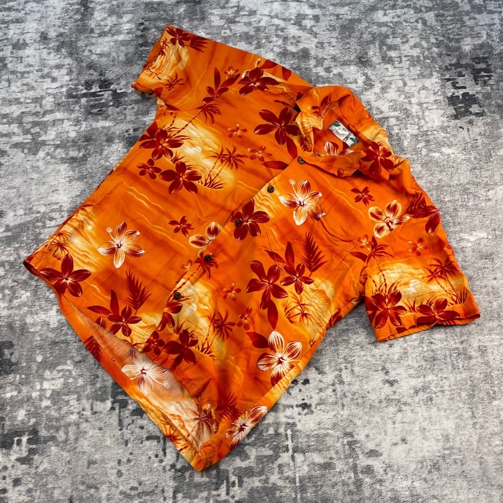 Two Palms Men M Hawaiian Shirt Orange Red Rayon Palm Island Made in Hawaii